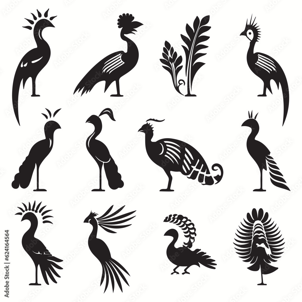 Naklejka premium Quetzal silhouettes and icons. Black flat color simple elegant Quetzal animal vector and illustration.
