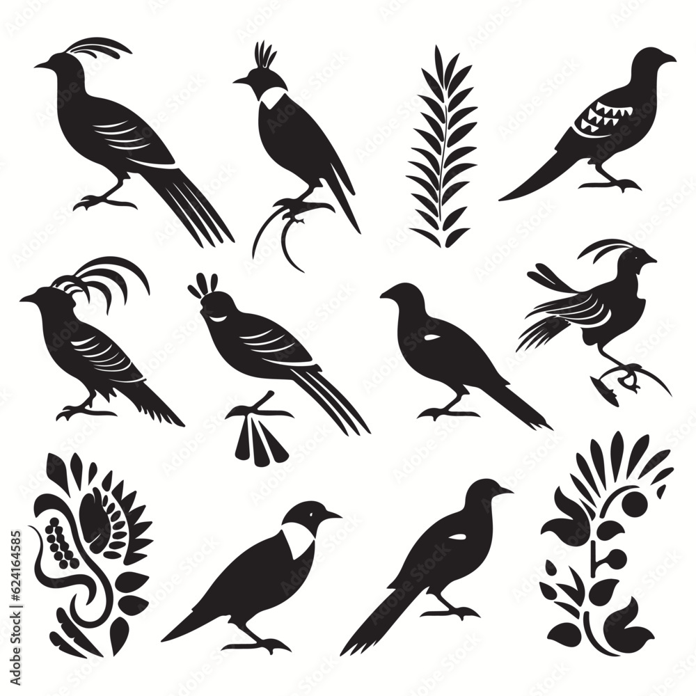 Quetzal silhouettes and icons. Black flat color simple elegant Quetzal animal vector and illustration. Quetzal silhouettes and icons. Black flat color simple elegant Quetzal animal vector and illustration.