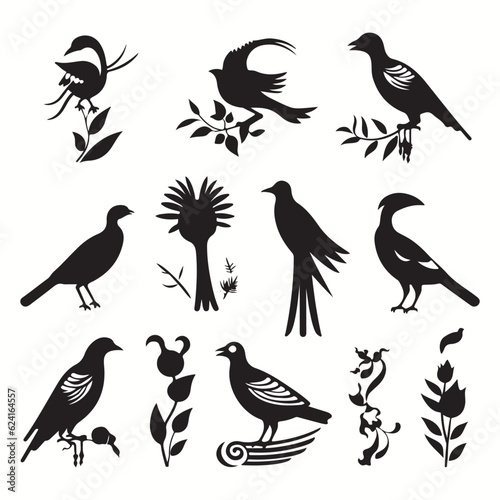 Quetzal silhouettes and icons. Black flat color simple elegant Quetzal animal vector and illustration.