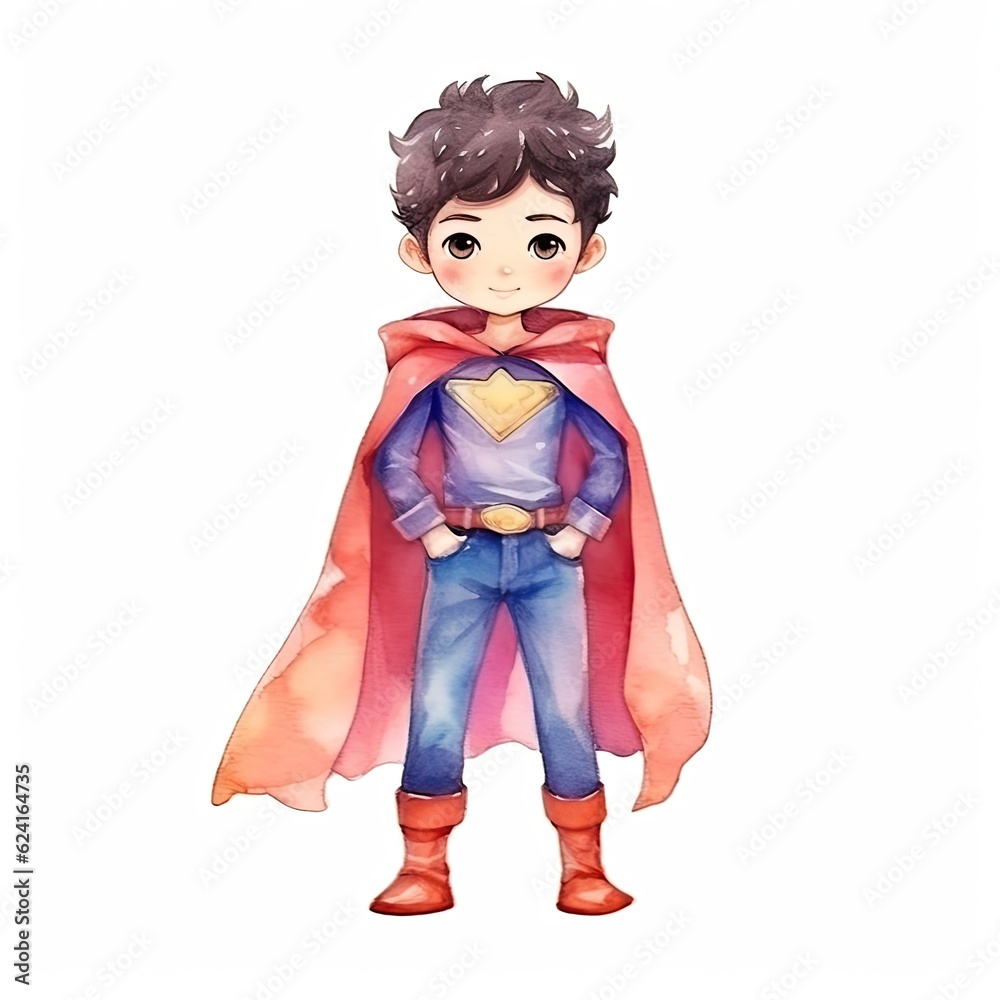 Cute Superhero character isolated on white background. Colorful painting illustration. Generative AI Cute Superhero character isolated on white background. Colorful painting illustration. Generative AI