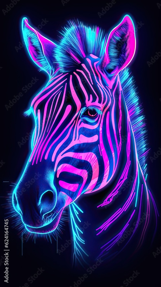 Neon light Zebra animal on black background. Portrait of glow light animal. Generative AI Neon light Zebra animal on black background. Portrait of glow light animal. Generative AI