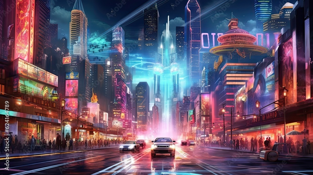 A futuristic cityscape with sleek skyscrapers and neon lights illuminating the night. Colorful illustration art. Generative AI