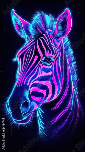 Neon light Zebra animal on black background. Portrait of glow light animal. Generative AI
