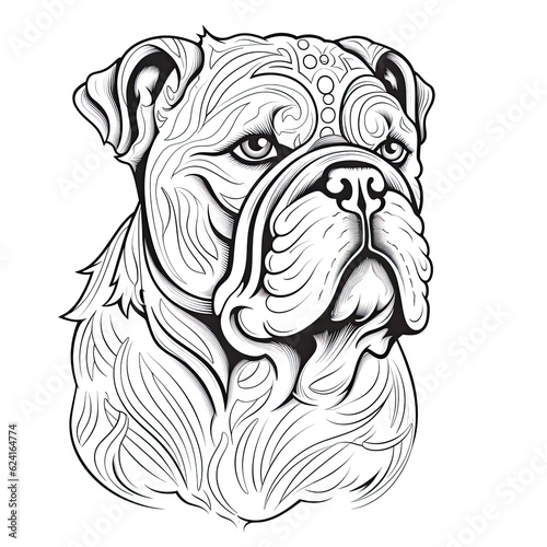 Bulldog animal line art illustration. Black and white coloring page style art. Generative AI