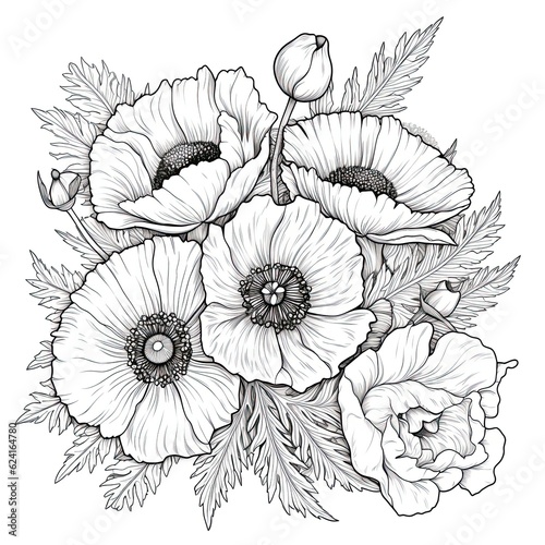 Cute Anemone flower in coloring page style illustration. Line art painting. Generative AI