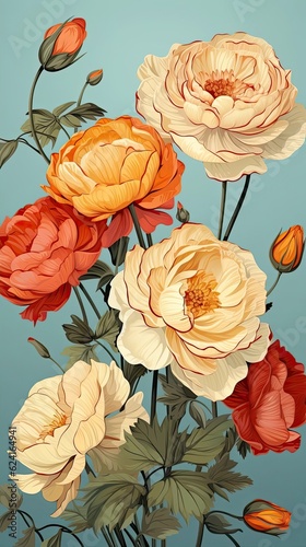 Ranunculus flower illustration. Floral vintage greeting card background. Generative AI