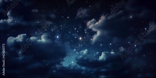 Fluffy volumetric clouds night dark blue purple sky with stars background. © JPDC
