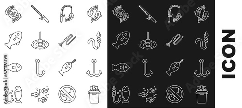 Set line Fishing bucket with fishes, hook, and worm, rod, float water, and line icon. Vector