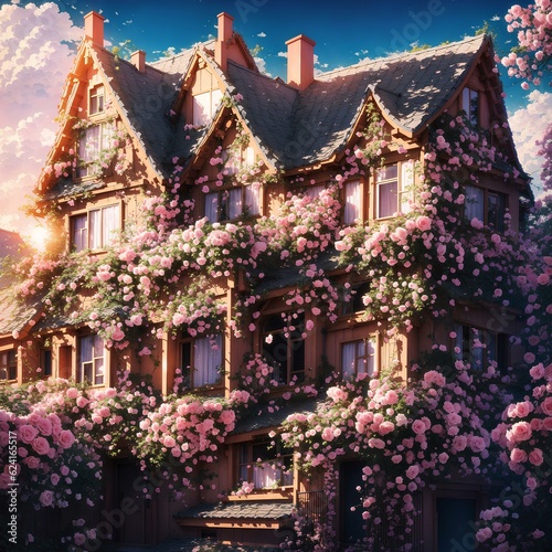 A huge two-storey house decorated with flowers with sunset lights in a very beautiful view