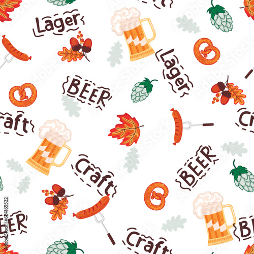 Mug of beer,sausage, pretzel and hand written words Lager,Craft,Beer.Seamless pattern  for beer festival.Oak twig with acorns, hop cone and autumn leaf.Vector illustration on white background.