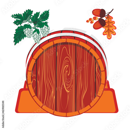 Wooden keg isolated on white background.Cartoon barrel decorated with a sprig of hops and oak leaves with acorns.Colorful container for liquids with a texture.Vector elements for design  banner.
