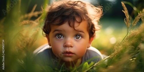 Wallpaper Mural Portrait of a cute little boy lying on the grass in the park.  Torontodigital.ca