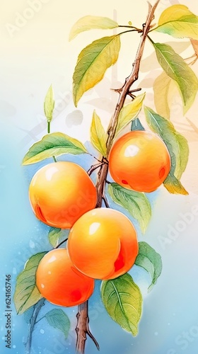 Watercolor style Apricot fruit in colorful style illustration. Natural food painting art. Generative AI