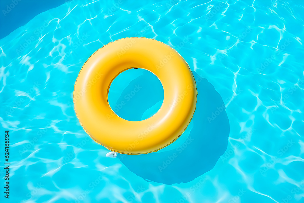 Yellow swimming pool ring float in blue water. AI Generative. Yellow swimming pool ring float in blue water. AI Generative.