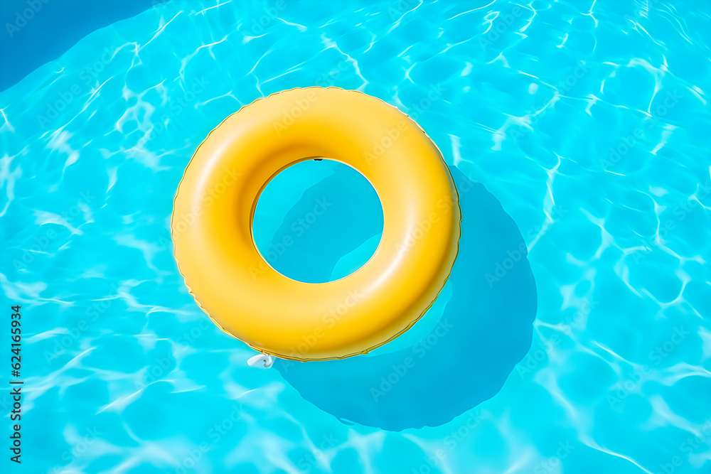 Fototapeta premium Yellow swimming pool ring float in blue water. AI Generative.