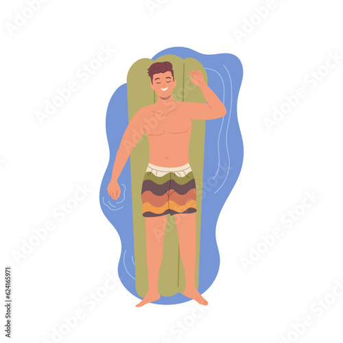 Young relaxed man character swimming on inflatable mattress in swimming pool or sea water