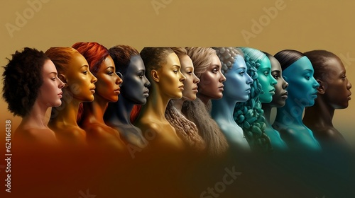 Full face shots of diverse group of women of same age but of different ethnicities. Ai generative