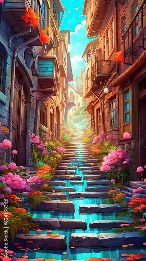 A charming European village with cobblestone streets and colorful medieval architecture. Colorful illustration art. Generative AI