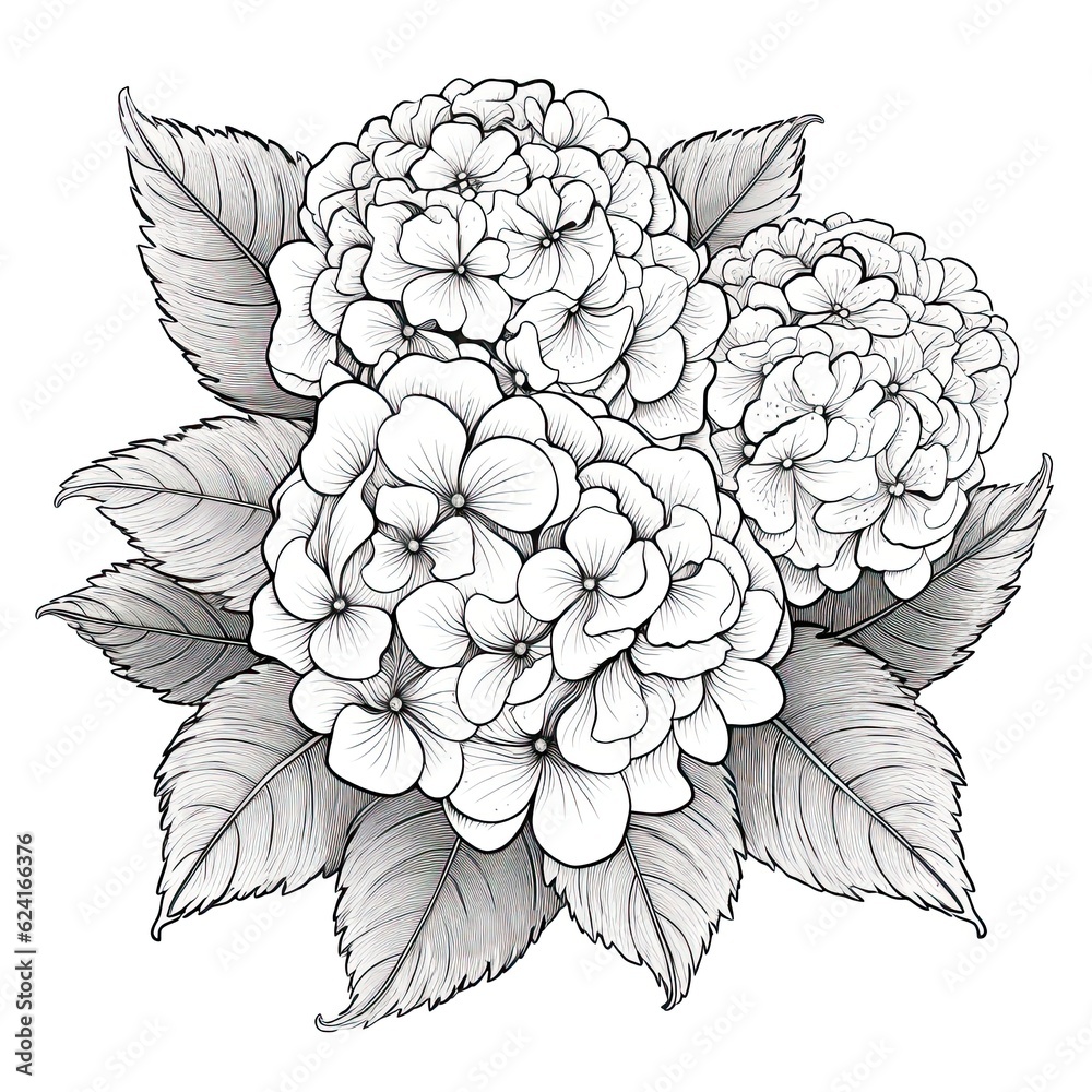 Cute Hydrangea flower in coloring page style illustration. Line art painting. Generative AI Cute Hydrangea flower in coloring page style illustration. Line art painting. Generative AI