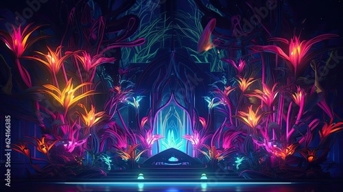 Fototapeta Naklejka Na Ścianę i Meble -  A neon jungle stage with towering fluorescent plants and glowing creatures, immersing the audience in a mystical and enchanting environment. Abstract futuristic neon light background. Generative AI