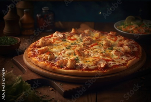 Salmon pizza served in a restaurant, salmon pizza, salmon, cheese