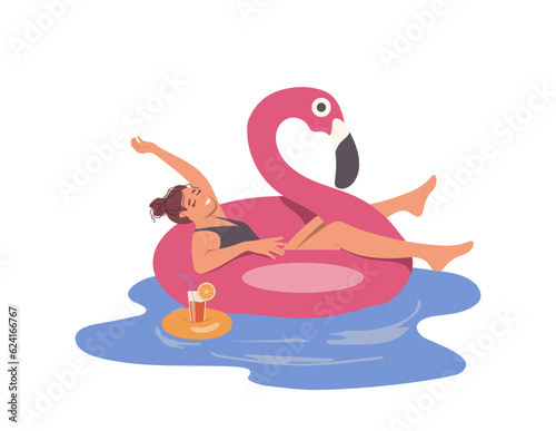 Relaxed woman floating in rubber swan ring drinking cocktail while rest in swimming pool or sea