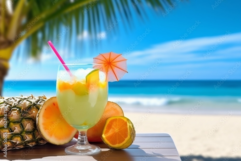Obraz premium Tropical fruits and Cocktails above tropical sandy beach. Tropical cocktail, juice and fruits. Generative AI technology.