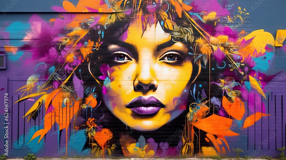 A vibrant graffiti mural with bold colors and expressive urban art. Colorful illustration art. Generative AI