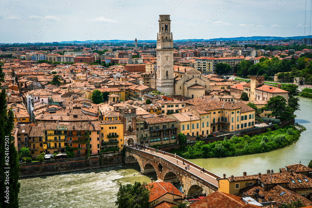 Panoramic view of Verona old town in Italy.