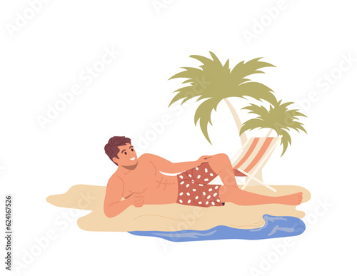 Young happy man character sunbathing at tropical sea beach resort with palm and deckchair