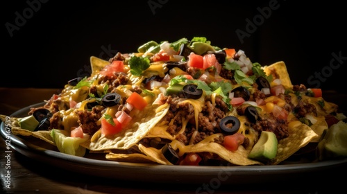  nachos with cheese, vegetables and herbs. Mexican nachos made with tortilla chips and a cheese, salsa, and guacamole dip. Generative AI