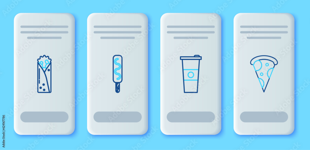 Set line Ice cream, Paper glass and water, Doner kebab and Slice of pizza icon. Vector