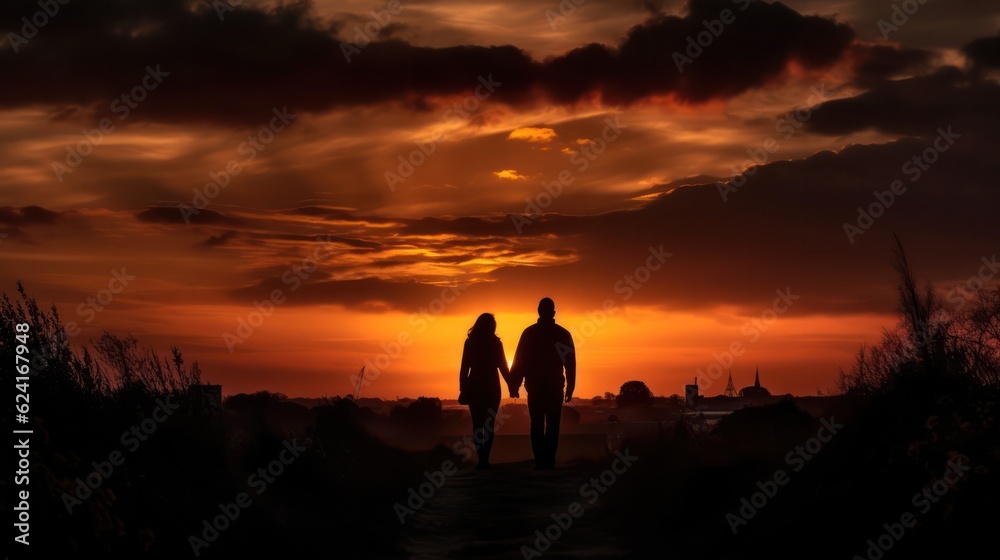 silhouettes couple holding hands at sunset. Generative AI silhouettes couple holding hands at sunset. Generative AI