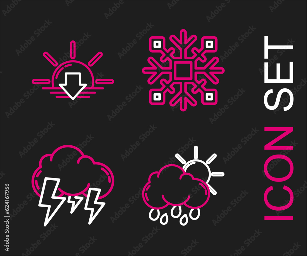 Set line Cloud with rain and sun, Storm, Snowflake and Sunset icon. Vector