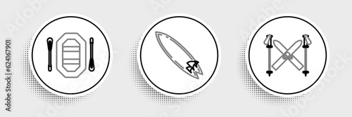 Set line Ski and sticks, Rafting boat and Surfboard icon. Vector