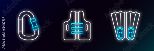 Set line Rubber flippers for swimming, Carabiner and Life jacket icon. Glowing neon. Vector
