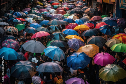 Rainy weather in rush hour with people crowd holding colorful umbrellas at the street. Created with Generative AI technology.