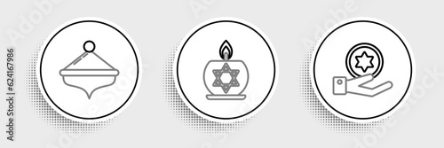 Set line Jewish coin on hand, Hanukkah dreidel and Burning candle candlestick with star of david icon. Vector