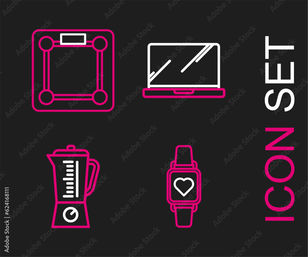 Set line Smart watch showing heart beat rate, Blender, Laptop and Bathroom scales icon. Vector Set line Smart watch showing heart beat rate, Blender, Laptop and Bathroom scales icon. Vector