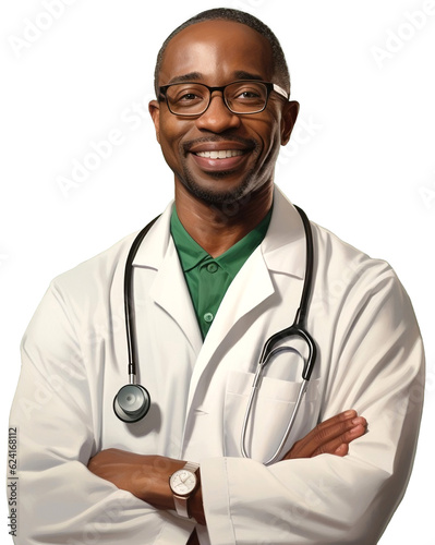 Confident African American Male Doctor with Glasses Smiling, Professional Healthcare Portrait.	