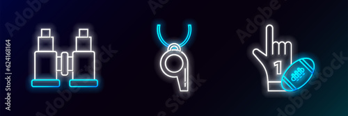 Set line Number 1 one fan hand glove with finger raised and american football ball, Binoculars and Whistle icon. Glowing neon. Vector