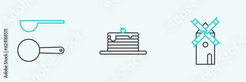 Set line Windmill, Measuring spoon and Stack of pancakes icon. Vector