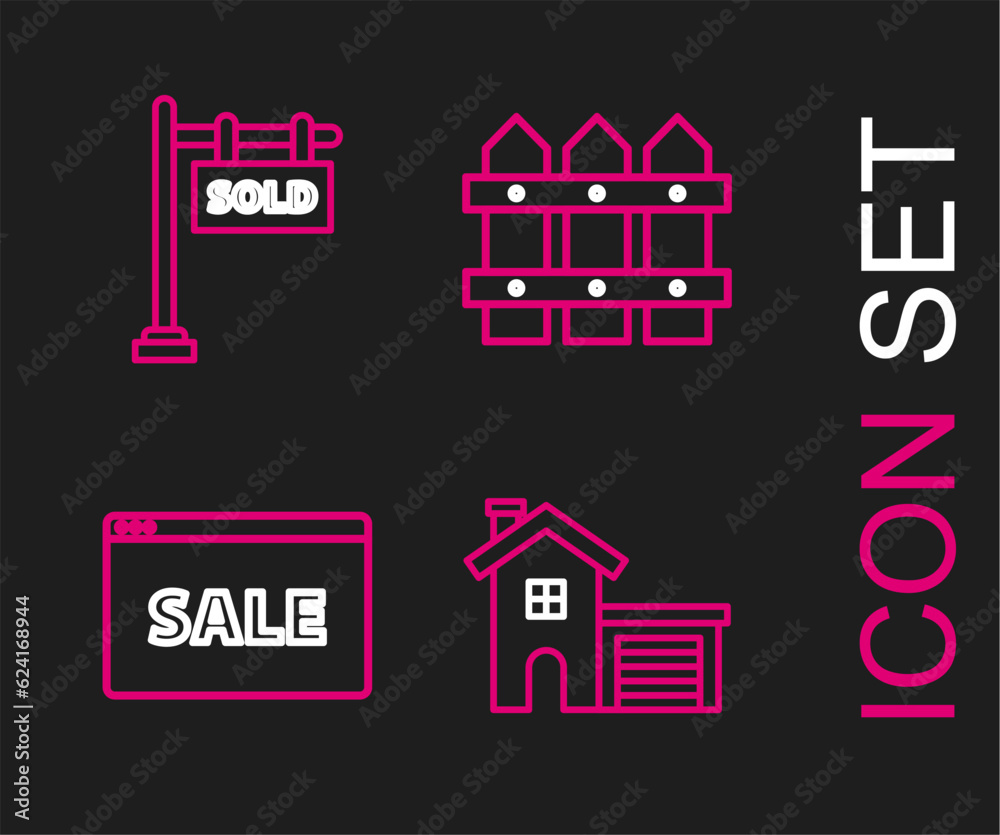 Set line House, Hanging sign with text Online Sale, Garden fence wooden and Sold icon. Vector