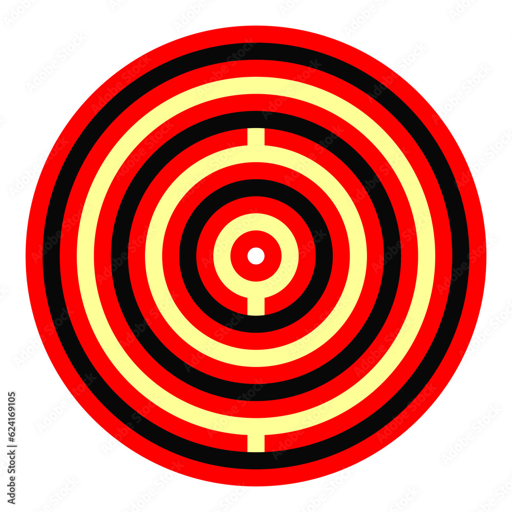 Red, black and yellow stylized circles on white background. Symmetric geometric repeating rounds abstract. Interior decorative board. Circular surface pattern design. Rings spheres wallpaper. Vector Red, black and yellow stylized circles on white background. Symmetric geometric repeating rounds abstract. Interior decorative board. Circular surface pattern design. Rings spheres wallpaper. Vector