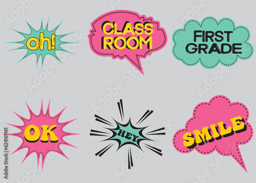 Lettering back school, go, goal, football, super, hey. Set comics book balloon. Bubble speech phrase. Cartoon exclusive font label tag expression. Comic text sound effects. Sounds vector illustration.