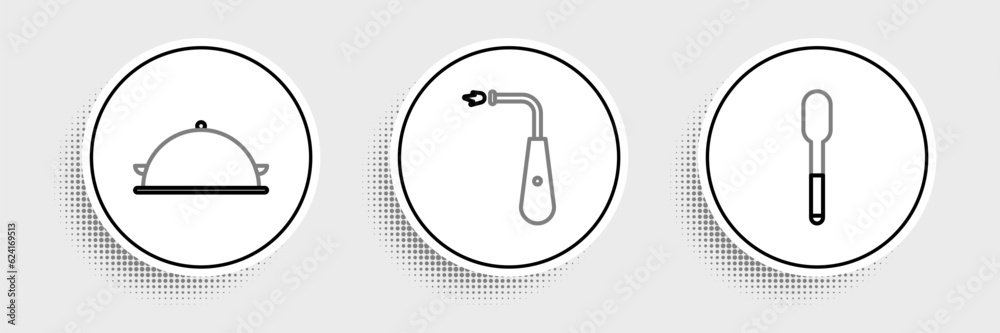 Set line Spoon, Covered with a tray of food and Long electric lighter icon. Vector Set line Spoon, Covered with a tray of food and Long electric lighter icon. Vector