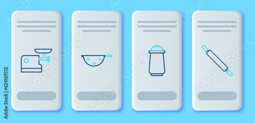 Set line Kitchen colander, Salt pepper, meat grinder and Rolling pin icon. Vector