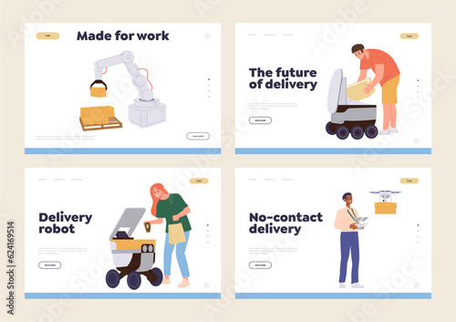 Isolated set of landing page with automated robotic service for food delivery and warehouse work