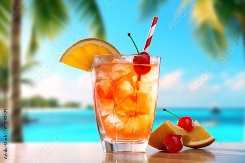 Tropical cocktail, juice and fruits. Tropical fruits and cocktails on the background of the pool. Generative AI technology.
