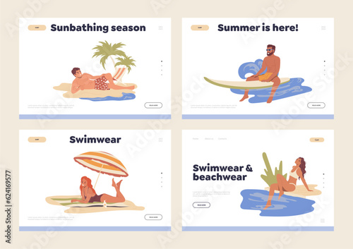 Sunbathing season, swimwear clothes summertime rest and vacation landing page isolated set